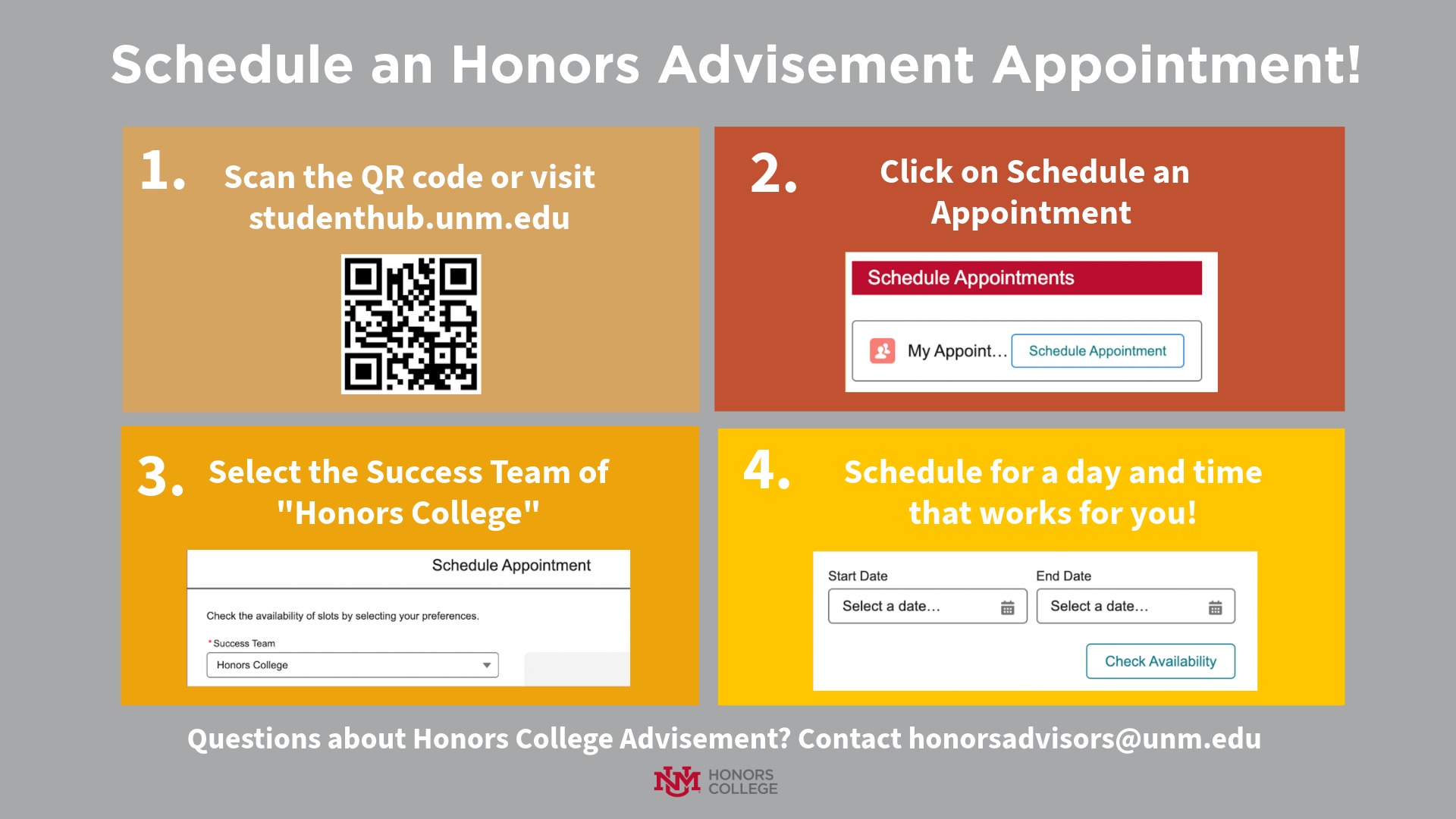 Graphic of scheduling an Honors College Advisement appointment on Student Hub