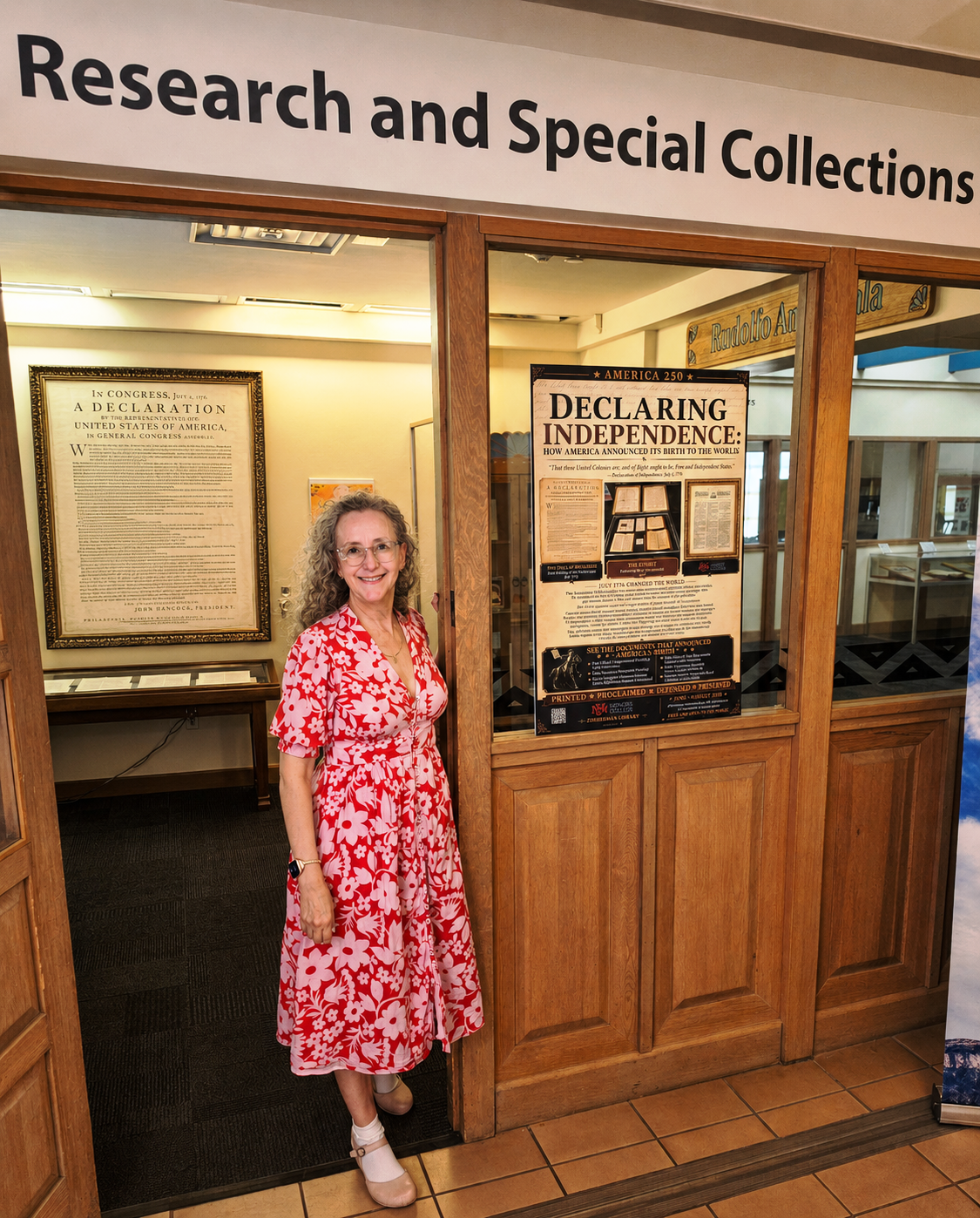 Picture of Dean Naomi Yavneh Klos at the entrance.