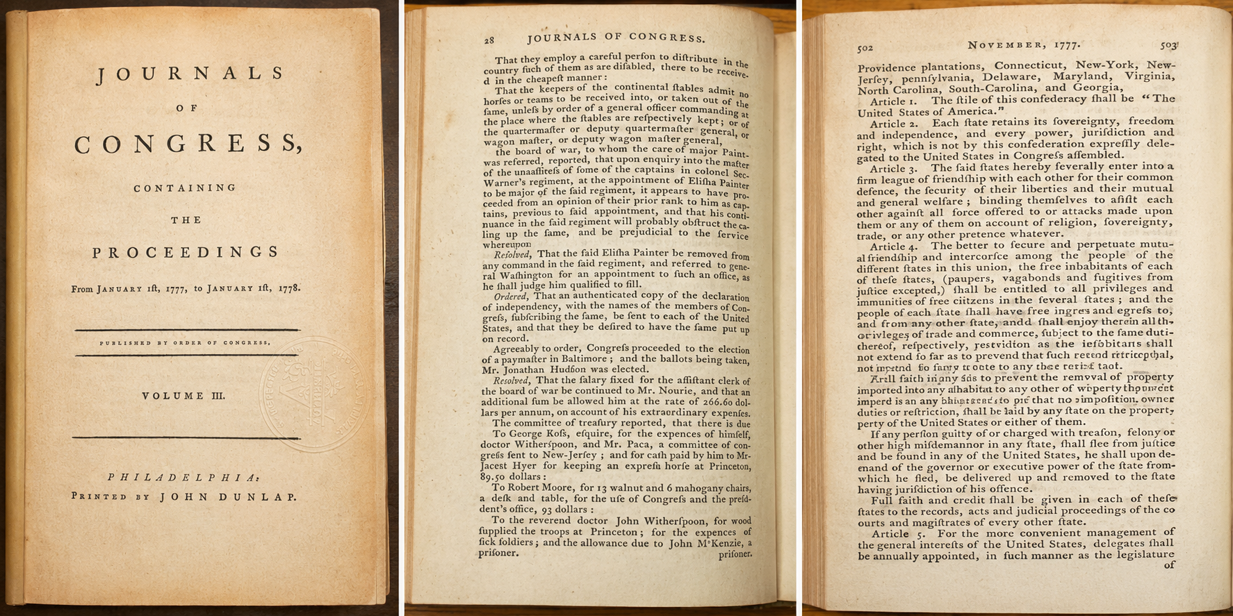 Picture of three pages of the Journal of Congress